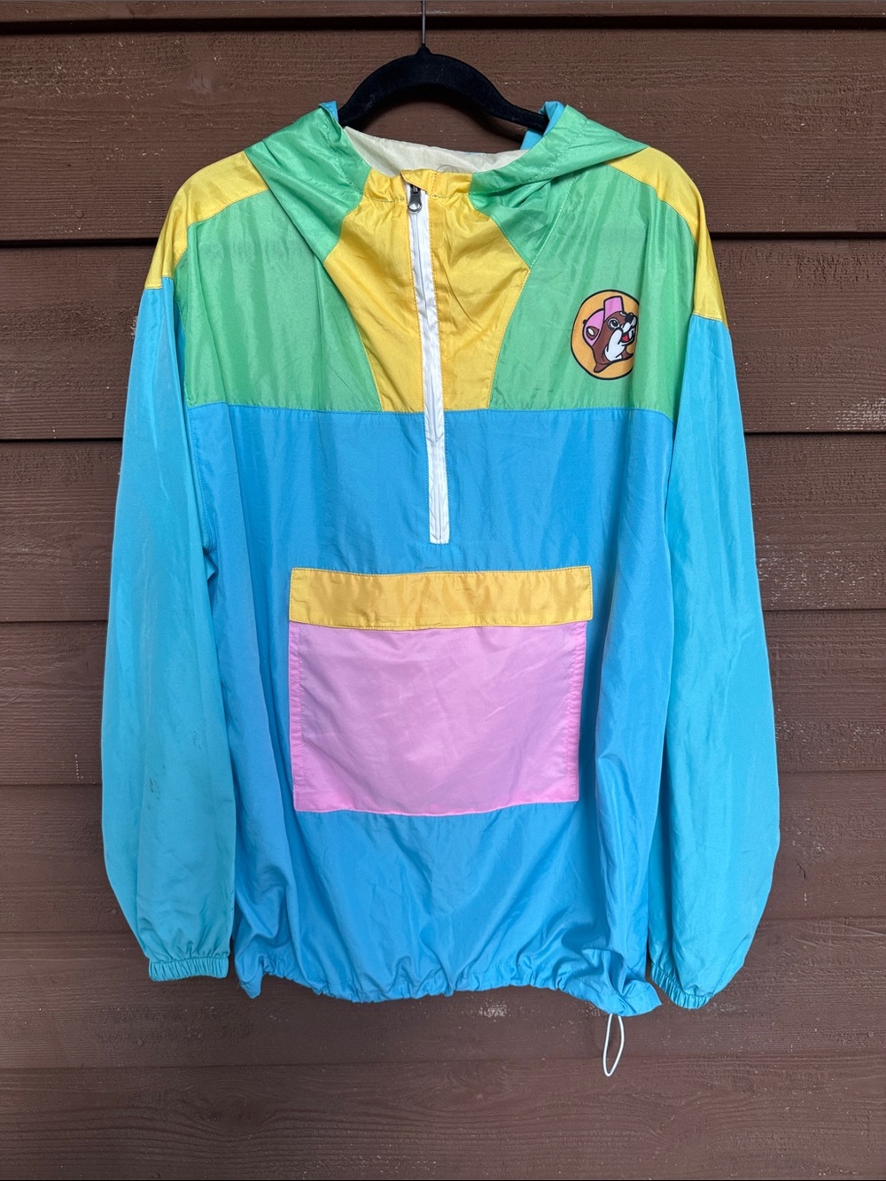 Buc-ee Colorblock Hooded Rain Anorak Jacket in Blue/Green/Yellow/Pink size Large